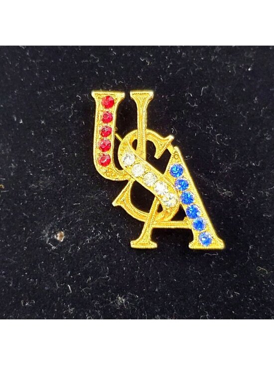 USA Jewelry - VTG Gold-Tone USA Brooch With Red White & Blue Rhinestones Patriotic Pin 1.5"